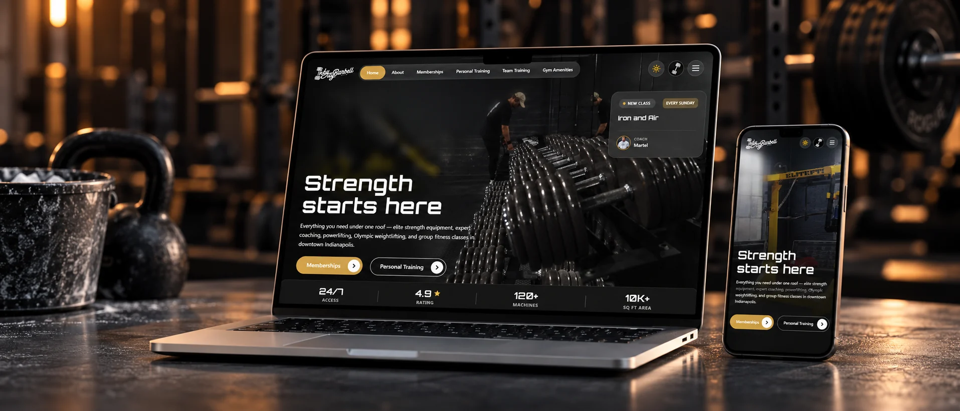 Indy City Barbell website shown on a laptop and a phone