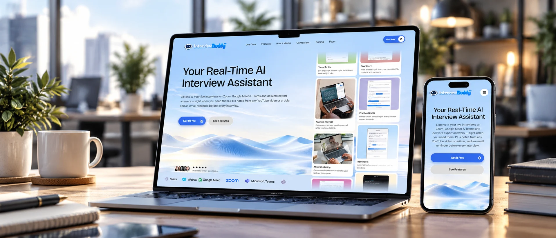 InterviewBuddy AI interview assistant website shown on a laptop and a phone