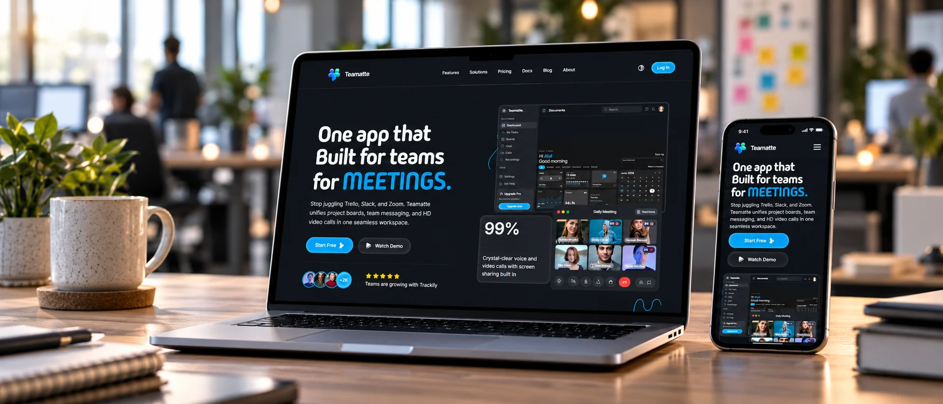 Teamatte project management app shown on a laptop and a phone