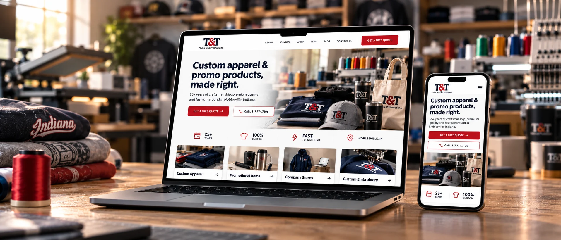 T&T Sales & Promotions website shown on a laptop and a phone